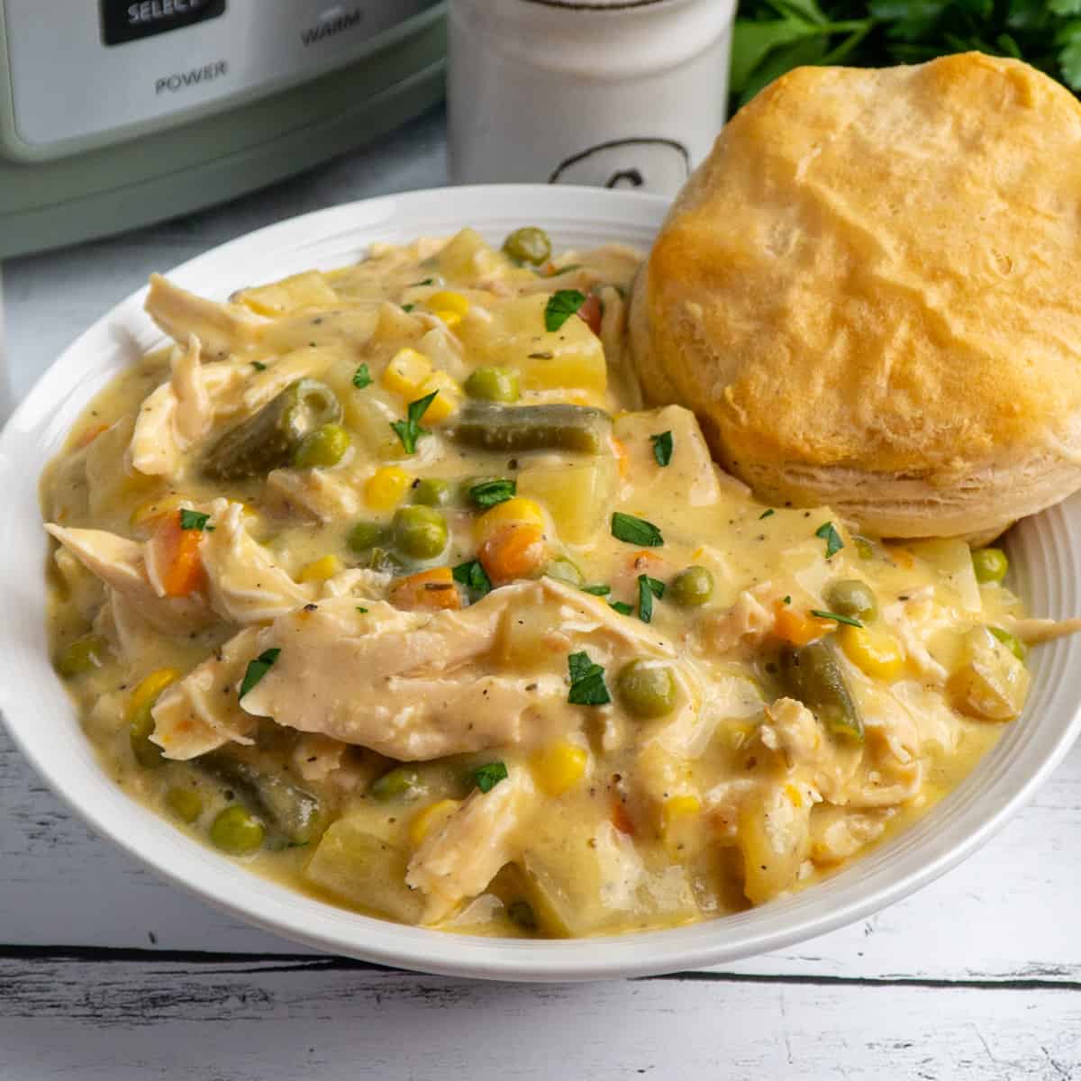 Creamy Crockpot Chicken Pot Pie with Fluffy Biscuit Topping
